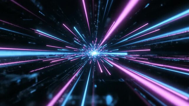 Vibrant Neon Light Beams Exploding Across Evening Lens.