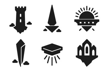 Levitating Architectural Icons. Solid style icons of levitating architectural elements in : floating tower, hovering spire, prism