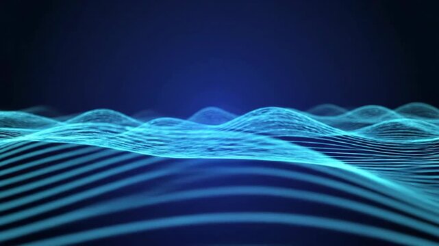 Blue Waveforms Flowing Across Dark Abstract Background.