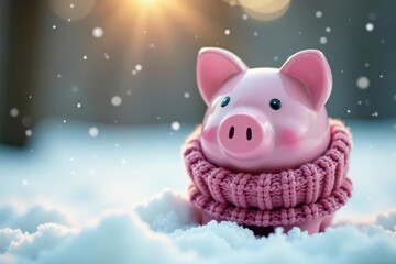 Pink piggy bank in knitted scarf, winter savings , budget, christmas