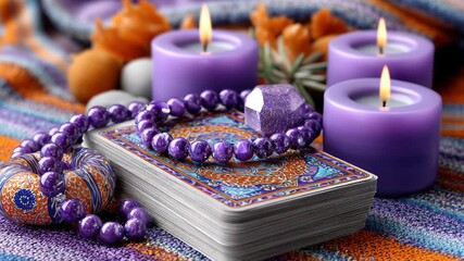 Mystical tarot spread with purple candles, shimmering crystals and beads arranged for divination, horoscope readings, psychic insight and occult ritual ambiance