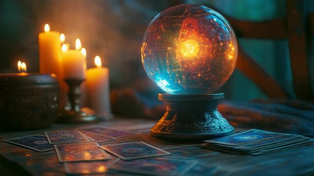 Enigmatic crystal ball on a rustic table glows by candlelight amid scattered tarot cards, revealing a swirling cosmic nebula that suggests mystical divination and fate