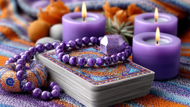 Mystical tarot spread with purple candles, shimmering crystals and beads arranged for divination, horoscope readings, psychic insight and occult ritual ambiance