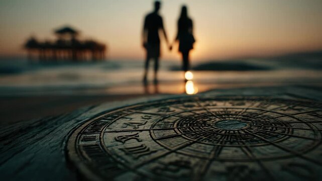 Loving couple strolling along a peaceful beach at sunset with a zodiac wheel in the foreground, symbolizing themes of romantic connection, fate, and astrological guidance