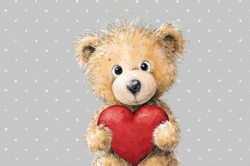 Teddy Bear Holding Red Heart on Gray Background with White Dots