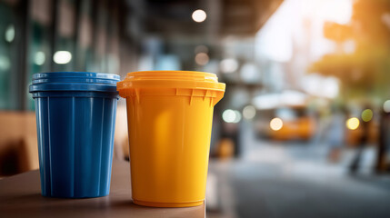 Containers for garbage near color wall recycling concept visualization waste separation display environmental responsibility representation sustainability infrastructure scene