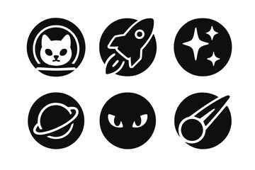 Fototapeta premium Astronaut Cat Icons. Solid style round vector icons of astronaut feline: cat face in helmet, rocket, stars, planet ring, glowing
