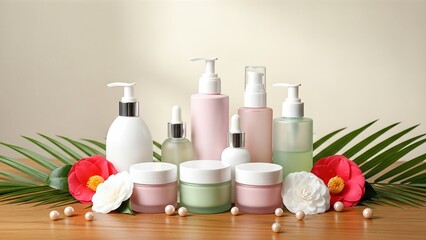 Collection of cosmetic facial care products arranged on wooden surface with tropical leaves and flowers, showcasing skin care essentials for a refreshing beauty routine