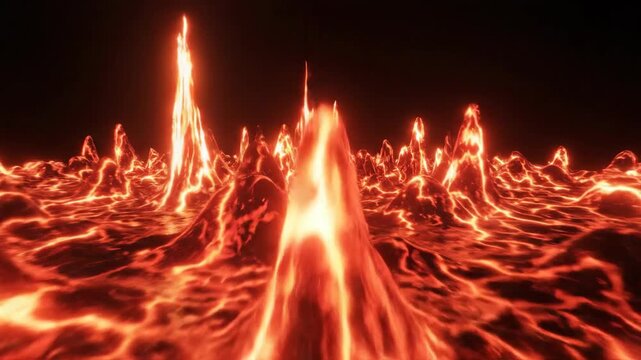 Glowing orange landscape with erupting lava peaks and molten liquid flow. Abstract digital visualization of fiery volcanic magma, video.