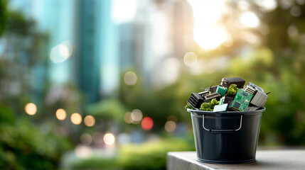 Waste bin full electronic waste e waste recycling visualization technology disposal display environmental responsibility concept electronic waste management defocused