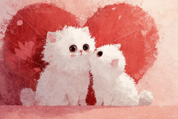 Cute White Kittens Embracing in Front of Red Heart on Pink Background