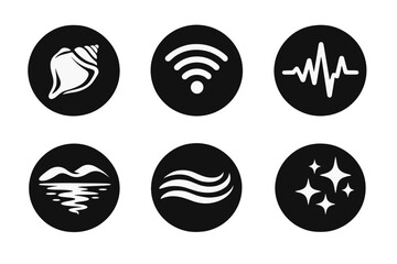 Natural Resonance Icons. Solid style round vector icons of natural resonance: shellpiece, signal, pulse, reflection, flow, shimmer