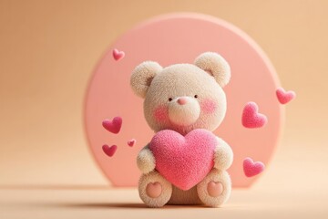 Cuddly Teddy Bear Holding Pink Heart on Pastel Background with Floating Hearts