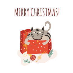 Christmas cat greeting card. Hand drawn vector illustration.