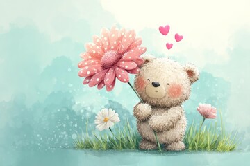 Cute Teddy Bear Holding Pink Flower in Green Grass