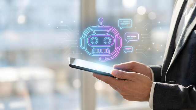 A professional businessman holding a tablet with a glowing neon digital chatbot icon for artificial intelligence customer support and automated communication technology in a modern office - Powered by Adobe