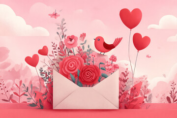 Pink Roses and Red Bird Emerging from Envelope with Hearts