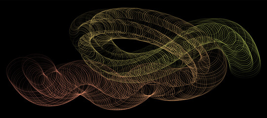 Abstract swirl pattern created with golden зштл glowing lines. Elegant circular paths represent modern digital design. Fluid motion swirl features vibrant light trails on black background.