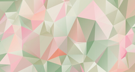 Low poly geometric pattern with triangular shapes in pastel pink, green, and beige tones, elegant mosaic abstract vector background