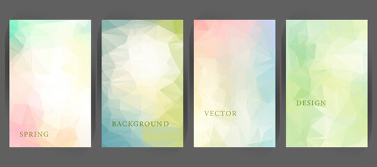 Abstract low poly background set with soft pastel geometric patterns. Vertical banner templates for spring covers, creative posters, modern graphic design vector banners.