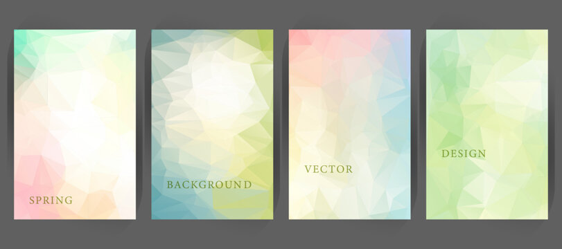 Abstract low poly background set with soft pastel geometric patterns. Vertical banner templates for spring covers, creative posters, modern graphic design vector banners.