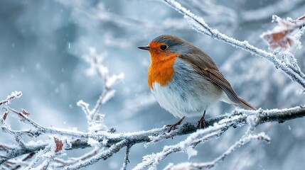 A vibrant bird with an orange chest perches on a frosted branch during a snowy day