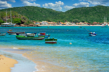 Boats on beach in Buzios, Rio de Janeiro, Brazil. Seascape  of Armacao dos Buzios.