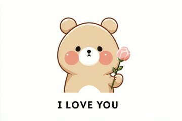Brown Bear Holding Pink Rose with Love Message