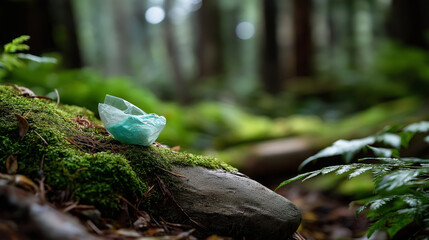 Reuse garbage recycle plastic free food plastic packaging trash green moss background forest recycling plastic environmental pollution ecology concept visualization