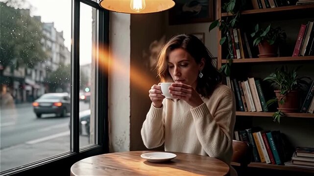 A girl is drinking coffee in a cozy cafe