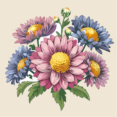 Close Up Of A Bouquet Of Pink And Blue Asters With Yellow Centers And Green Leaves On A Cream Background Detailed