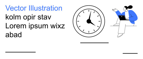 Time management, productivity enhancement, deadlines, work organization, remote work, efficiency. A clock and a person working on a laptop. Time management and productivity enhancement visual