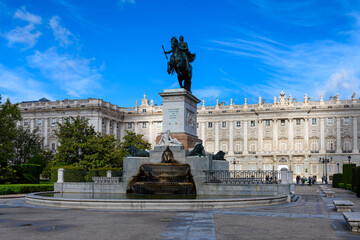Royal Palace of Madrid, Monument to Felipe IV and Plaza de Oriente in Madrid, Spain. Architecture and landmark of Madrid.