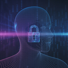 Digital Human Face with Cyber Security Lock Illustration