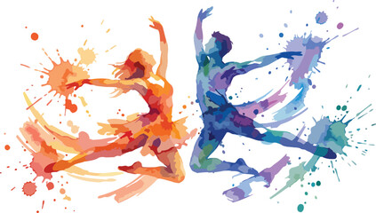 Obraz premium Expressive watercolor dancers dynamic splash art fire and ice couple performing abstract ballet movement