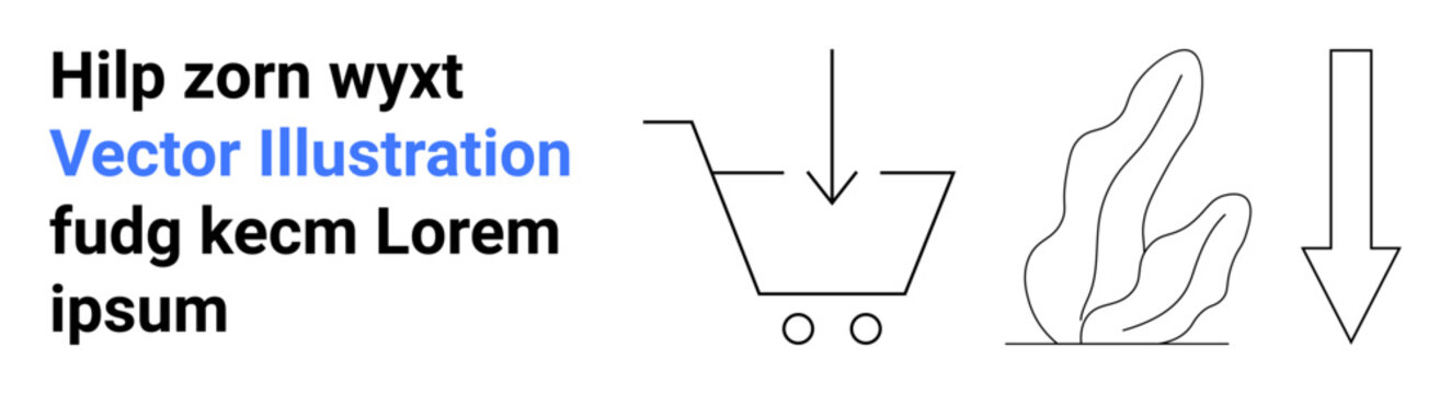 E-commerce, downloading, digital interaction, app interface, online shopping, modern icons. Minimalist shopping cart, arrow abstract shape placeholder text. E-commerce and downloading concepts