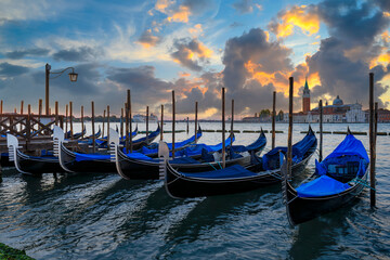 Sunrise view of Grand Canal with gondolas on San Marco square and San Giorgio Maggiore island, Venice, Italy. Architecture and landmarks of Venice. © Ekaterina Belova