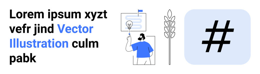Obraz premium Human figure brainstorming idea, text display, light bulb, plant stem, and metadata tag. Ideal for creativity, innovation, education, content teamwork growth simple landing page