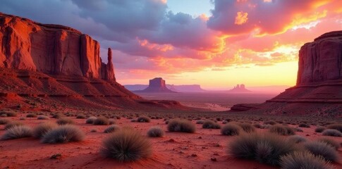 Rugged, red rock formations under a vast Arizona sky , canyon, sun