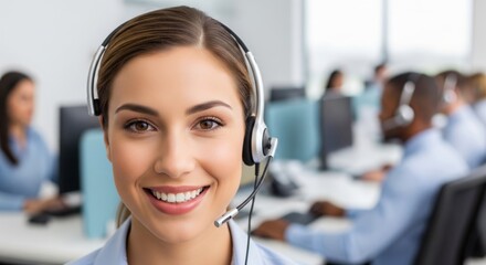 Smiling Female Customer Support Agent with Headset in Call Center. Represents customer service, support, communication, and business.