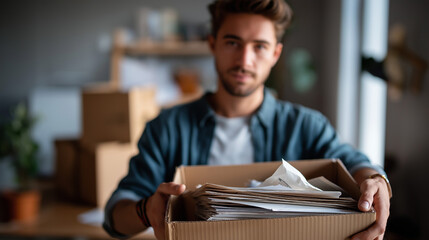 Faceless young man hands packing boxes waste paper recycling material collection activity environmental responsibility action sustainability practice moment defocused