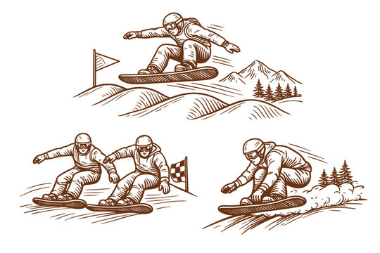 Snowboard cross race and freestyle jump with Caucasian athletes. Winter sports, mountain action and extreme competition concept. Hand drawn vector illustration.