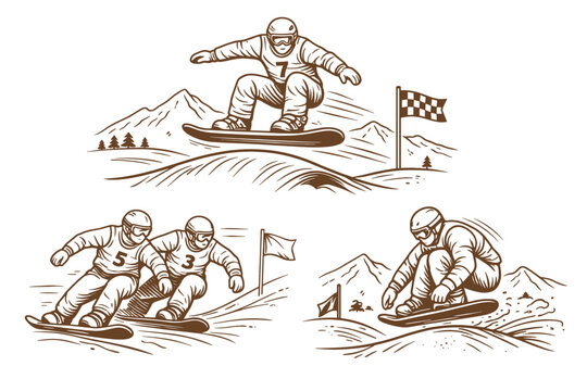Snowboard cross racing and freestyle jump with numbered Caucasian athletes. Winter sports, extreme speed and mountain competition concept. Hand drawn vector illustration.