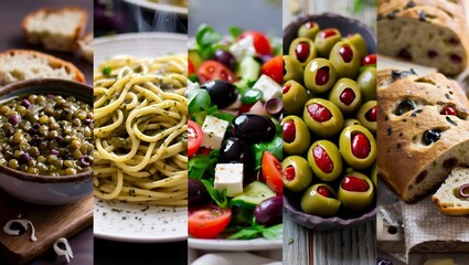 A vibrant display of Mediterranean cuisine featuring various dishes, including pasta, salad, olives, and bread, showcasing fresh ingredients and inviting textures in a delightful arrangement