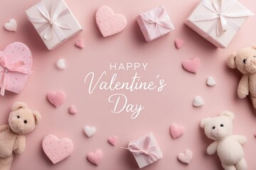 Valentines Day Gifts and Teddy Bears on Pink Background