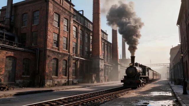 Vintage Industrial Street Scene Featuring Locomotive And Smoky Atmosphere