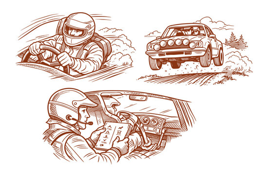 Rally Racing Team Driving Off-Road with Co-Driver Navigation &ndash; High-Speed Motorsport and Extreme Challenge, Vintage Style Vector Illustration