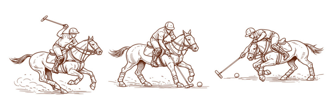 Polo Players in Action &ndash; Horseback Sport Competition with Mallets and Ball, Vintage Style Vector Illustration