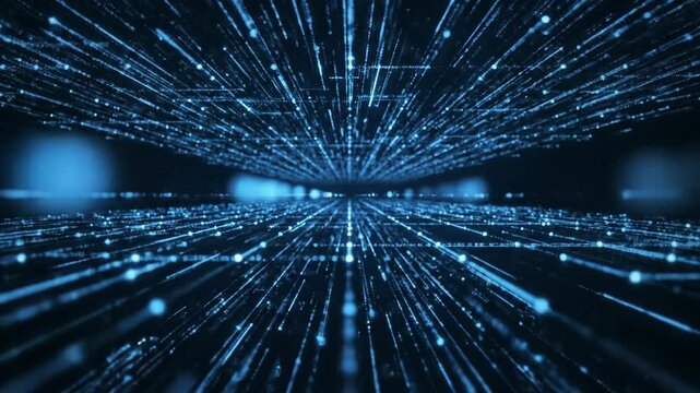 Blue Digital Data Stream Across a Neon Network.