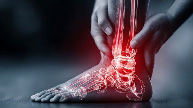 Artistic depiction of ankle pain and injury with highlighted skeleton and hands